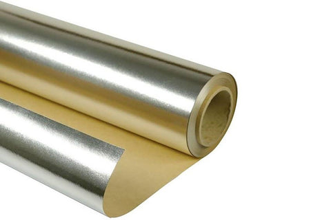 Brown aluminium foil roll with red and white label bands, partially unrolled on white background