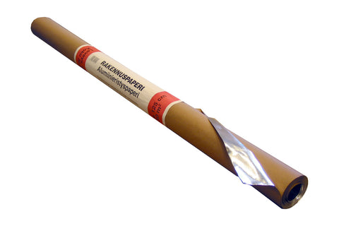 Brown aluminium foil roll with red and white label bands, partially unrolled on white background