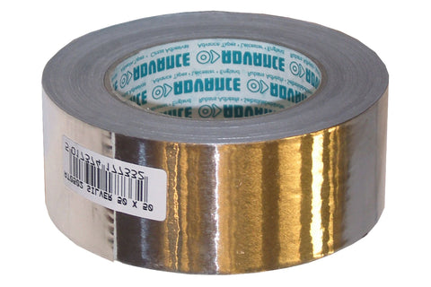 Silver-gray aluminum duct tape roll with blue branded label and white barcode sticker on white background