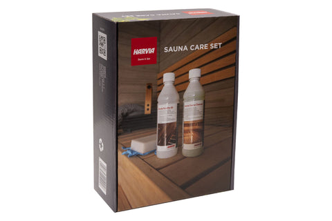 Harvia Sauna Care Set with two bottles and accessories on wooden sauna bench background