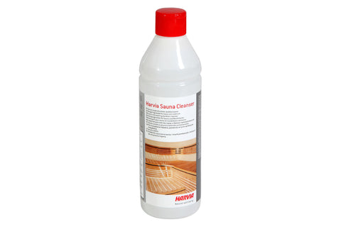 Harvia Sauna Cleanser bottle with red cap and white liquid, featuring wooden sauna interior on label, on white background
