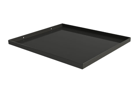 Black rectangular sauna drip tray with raised edges and mounting holes, shown on white background