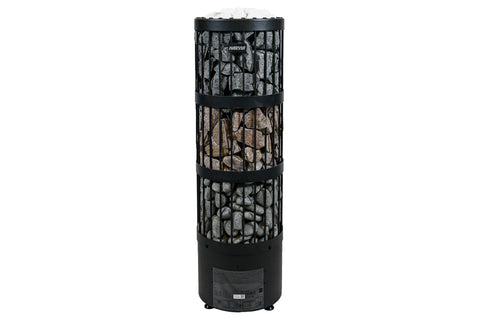 Harvia sauna heater stones, gray diabase rocks in black metal basket with riveted rim on white background