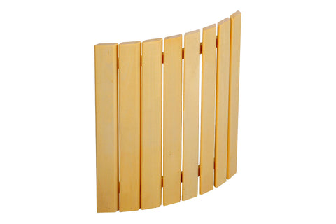 Harvia sauna lamp shade corner made of eight natural wood slats arranged in curved formation on white background