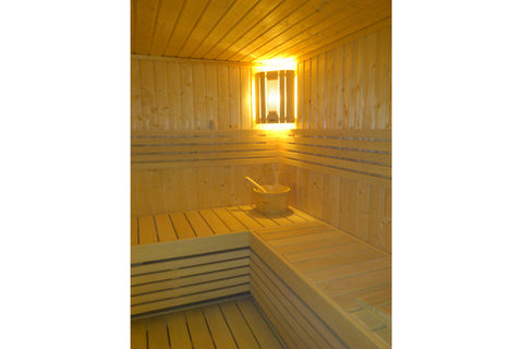 Harvia Sauna Lux Corner Lamp Shade made of light natural wood with vertical slats and solid side panels on white background