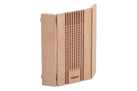 Harvia Sauna Lux Corner Lamp Shade made of light natural wood with vertical slats and solid side panels on white background