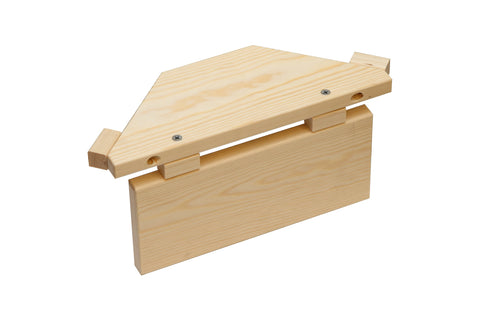 Natural pine wood sauna lamp shade with angled roof design and metal hardware, shown on white background