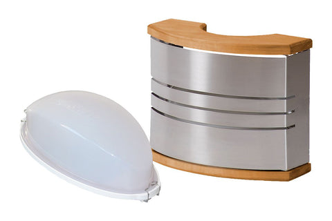 Harvia sauna light with frosted white glass dome and brushed steel base on white background