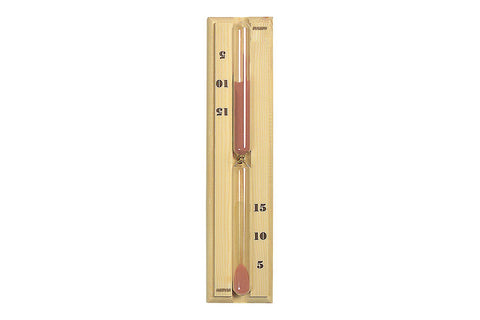 Harvia wooden sauna sand timer with red sand and brass accents on white background