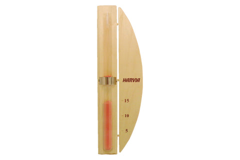 Harvia Sandglass Lux sauna timer with wooden frame, metal band, and red sand in glass tube on white background