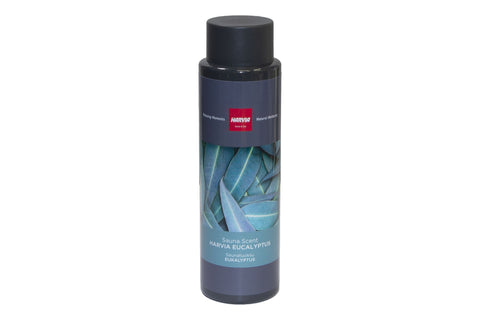 Harvia eucalyptus sauna scent bottle with black cap and dark blue label featuring eucalyptus leaf imagery on white background