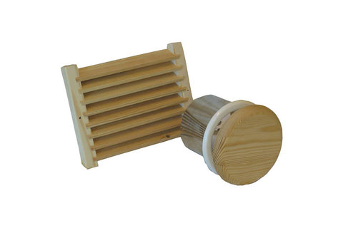 Harvia sauna ventilation valve with natural wood louvered grille and circular wooden damper on white background
