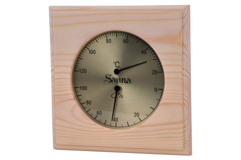 Harvia Basic sauna thermo-hygrometer with dual dial display mounted on light wood, showing temperature in Celsius and humidit
