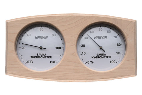 Harvia sauna thermo-hygrometer with light wood frame, dual analog gauges measuring temperature and humidity on white backgrou