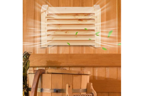 Natural pine wood sauna ventilation grate with horizontal slats and square side handles on white background