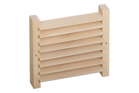 Natural pine wood sauna ventilation grate with horizontal slats and square side handles on white background