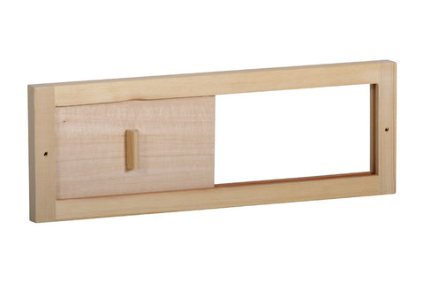 Harvia sauna ventilation hatch with natural wood frame and sliding wooden panel on white background