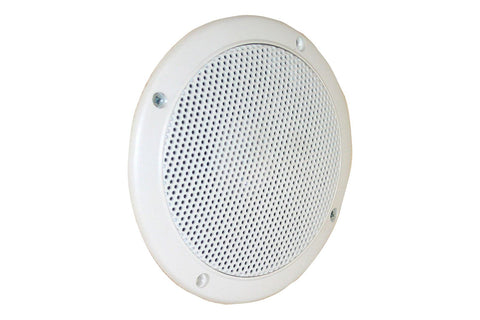 White round sauna wall loudspeaker with perforated metal grille and mounting screws, on white background