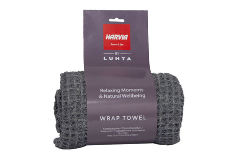Harvia Sauna Wrap Towel in charcoal gray, 75% cotton 25% linen blend, displayed with product packaging on white background
