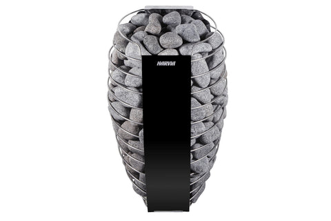 Harvia Spirit electric sauna heater with gray stones in tiered stainless steel basket on white background