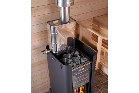 Harvia stainless steel sauna water heater with 22-liter capacity, pipe model, featuring cylindrical tank with chrome chimney 