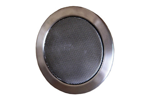 Harvia sauna wall loudspeaker with brushed stainless steel rim and black perforated metal grille on white background