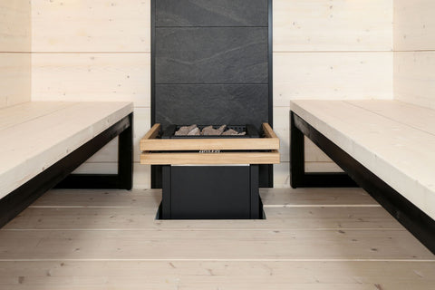 Harvia Stone Wall Frame in black with six stacked slate tile panels, flat lay on white background