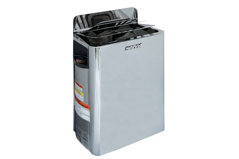 Harvia The Wall electric sauna heater in stainless steel with open top showing black stones inside, on white background
