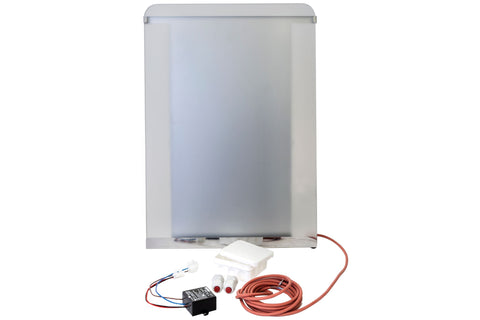 Harvia The Wall illuminated glass sauna heater with white frosted glass panel, red power cord, white mounting bracket, and bl