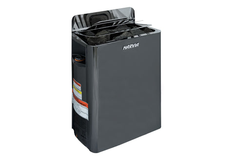 Harvia The Wall black steel electric sauna heater with open lid showing heated rocks inside, on white background