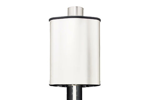Harvia Thermio white cylindrical water heater tank with stainless steel top and black rubber trim band, 25 liter capacity