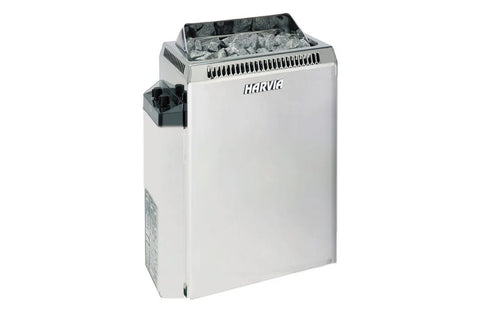 White and stainless steel electric sauna heater with curved wire guard top and black control panel on white background