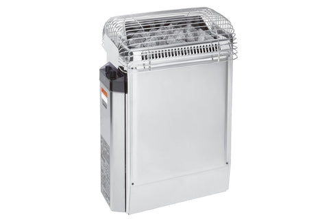 White and stainless steel electric sauna heater with curved wire guard top and black control panel on white background