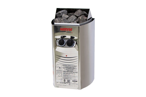 Harvia Vega Compact R electric sauna heater with stainless steel body, black control knobs, and gray stones in open top compa
