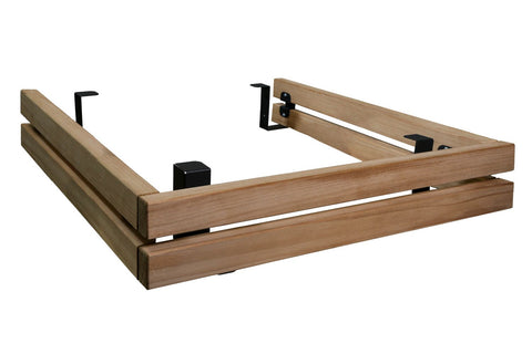 Natural wood sauna safety railing with black metal brackets and hardware on white background