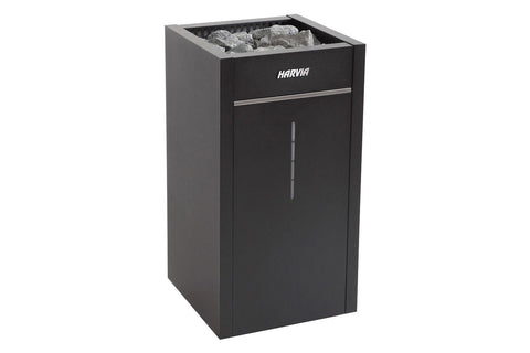 Black metal sauna heater with gray stones in top chamber and door with handle, Harvia brand logo visible