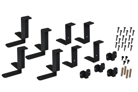 Black metal sauna railing mounting kit components including brackets, connectors, screws, and dowels on white background