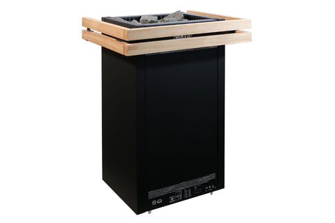 Natural wood sauna railing with black metal brackets and supports on white background