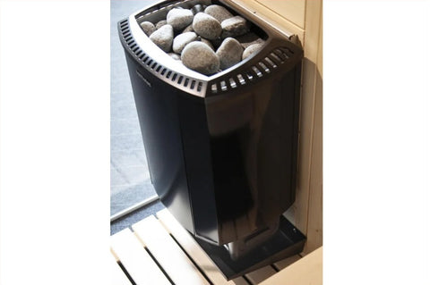 Black metal wall-mounted sauna drip tray with rectangular shape and mounting hardware, shown on white background