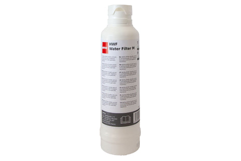 HWF Water Filter M cartridge with white plastic body, red and black branding label, and threaded cap on white background