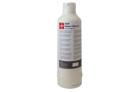 HWF Water Filter M cartridge with white plastic body, red and black branding label, and threaded cap on white background