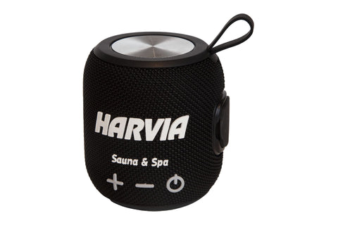 Harvia black water-resistant sauna speaker with metallic top, fabric body, control buttons, and carrying loop on white backgr