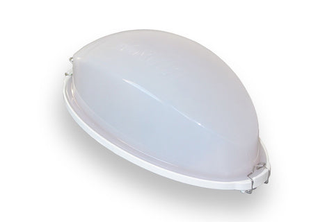 White dome sauna lamp with frosted glass shade and chrome clips on white background