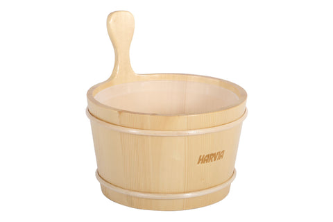 Harvia wooden sauna bucket with plastic inner container and wooden handle on white background