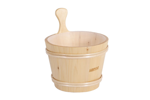 Harvia wooden sauna bucket with plastic inner container and wooden handle on white background