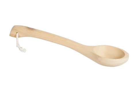 Natural wooden sauna ladle with long curved handle and shallow bowl, cream rope loop attached to handle, on white background