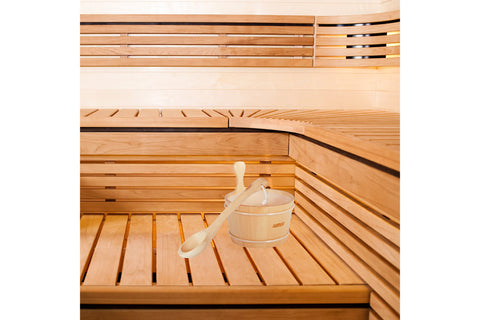 Natural wood sauna ladle with long curved handle and round bowl, shown on white background