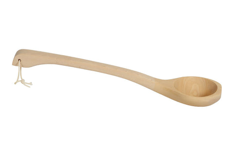 Natural wood sauna ladle with long curved handle and round bowl, shown on white background
