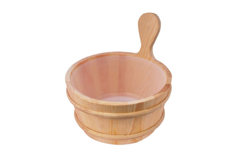 Wooden sauna pail with plastic insert and ladle, natural light wood finish on white background