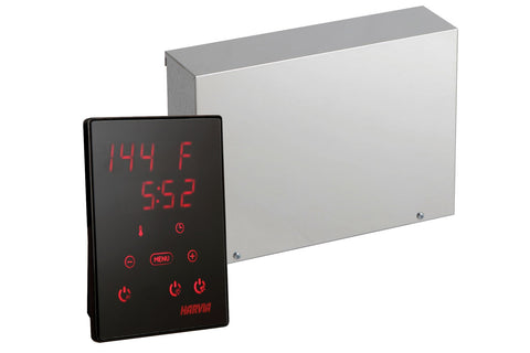 Harvia Xenio black digital sauna control unit with red LED display showing 144°F and 5:52, multiple control buttons on weathe